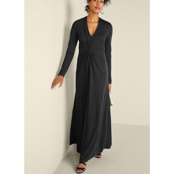 Soft Surroundings Lagia Maxi Dress Black Medium front Twist Ruching Ponte Knit - Picture 1 of 10